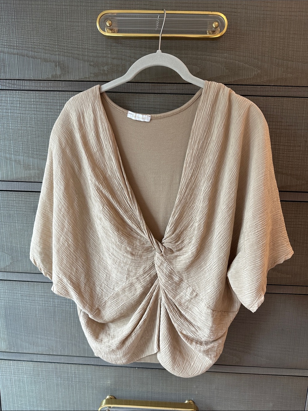 Twist-Front V-Neck Blouse in Light Beige